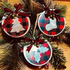 Plaid & Pine Trio – Cozy Country Christmas Tree Ornaments